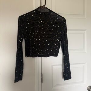 Allegra K Black Fitted Net Cropped Long-Sleeve Top with Gold Star Print